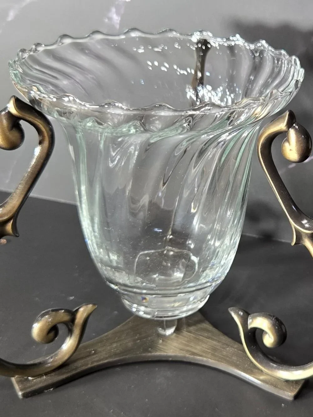 Vintage PartyLite Brass Scroll Tripod Candle Holder w/ Swirl Fluted Glass Votive